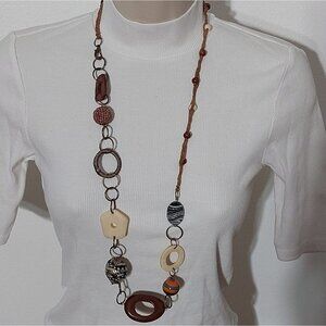 Mixed Media Flapper Necklace Leather, Bone, MOP, Seed Beads, Resin, Wood Brass